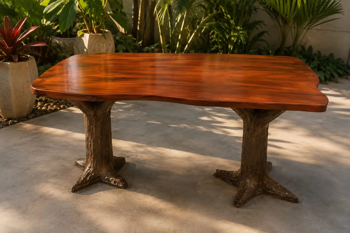 Mesa artesanal de concreto com acabamento que reproduz madeira