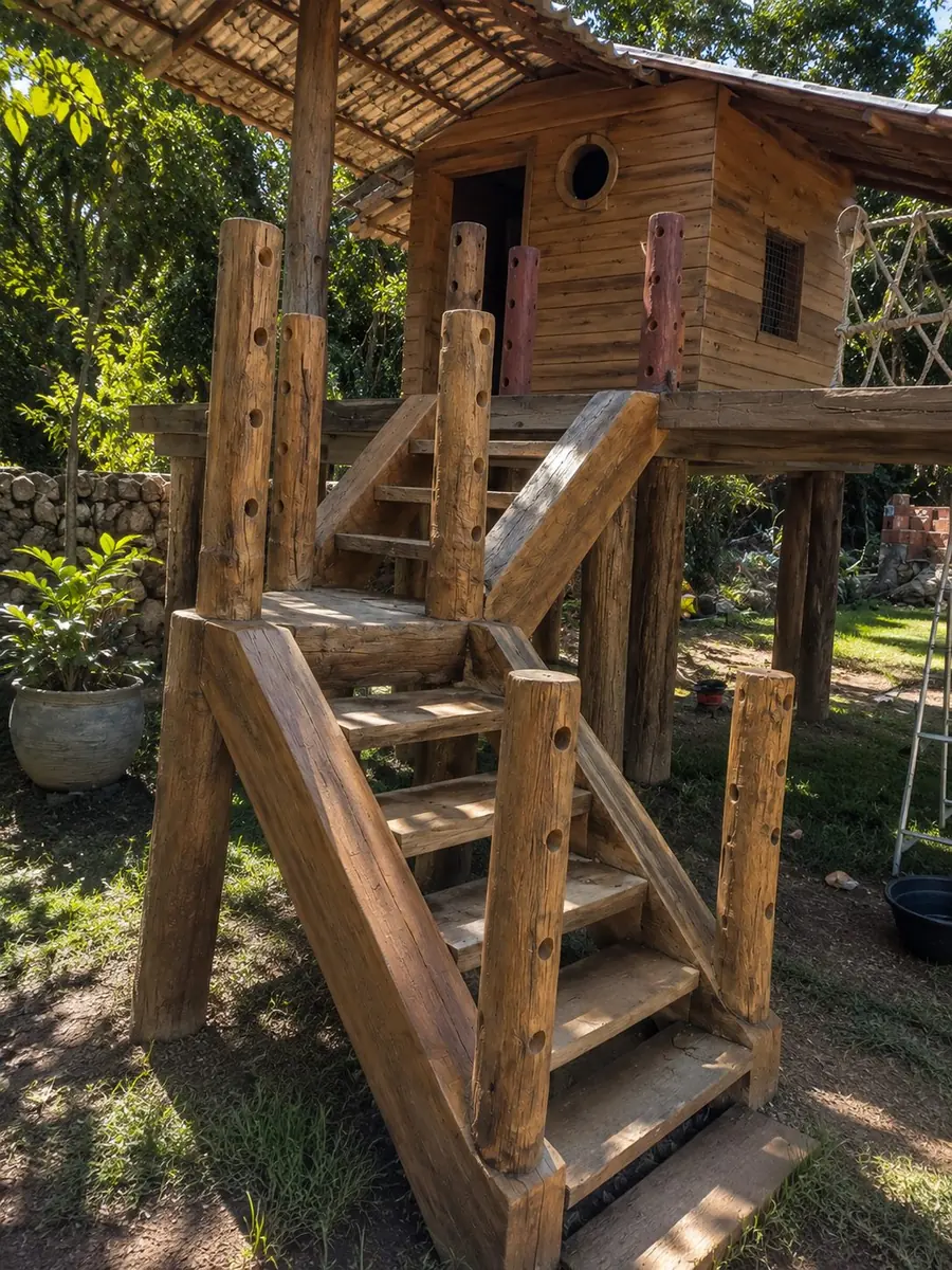 Casinha artesanal sobre estrutura de troncos