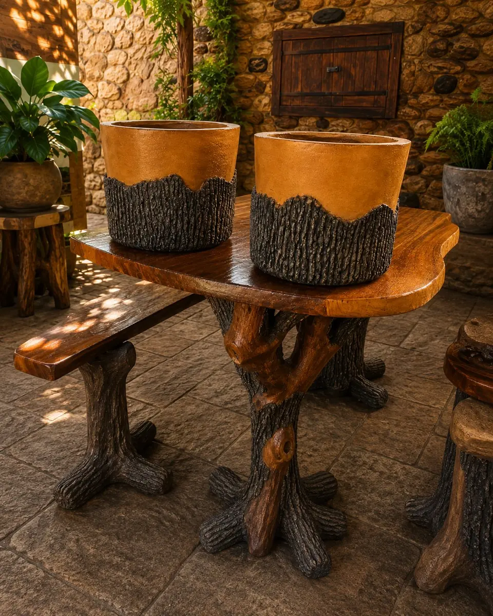 Vasos artesanais em ambiente rústico